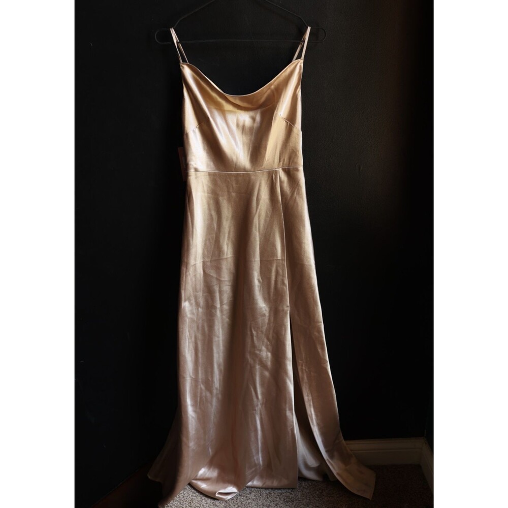 Birdy Gray Lisa Satin Maxi Dress Gold Champagne XS Bridesmaids Prom Fairy